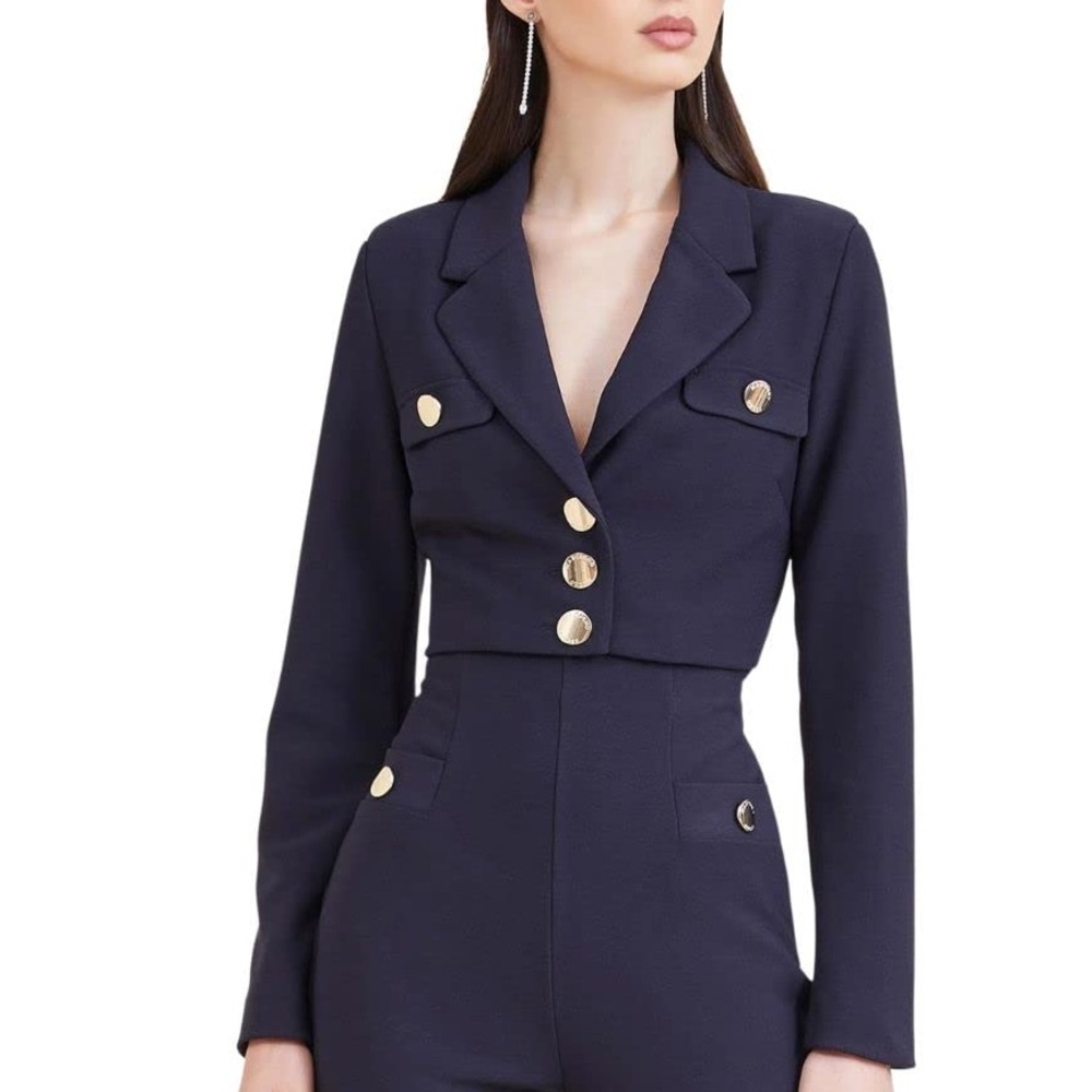MARCIANO Cave Blue Crop Blazer size 36 Gold Accents